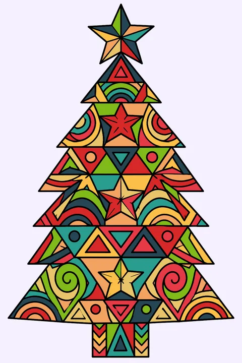 Christmas tree made of intricate geometric triangles stars and zentangle patterns coloring page