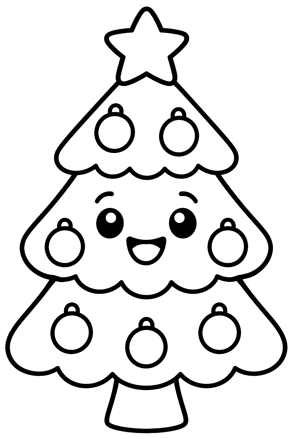 Cute christmas tree with a happy face and round ornaments coloring page