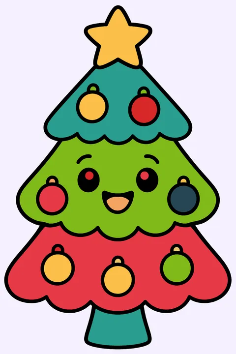 Cute christmas tree with a happy face and round ornaments coloring page