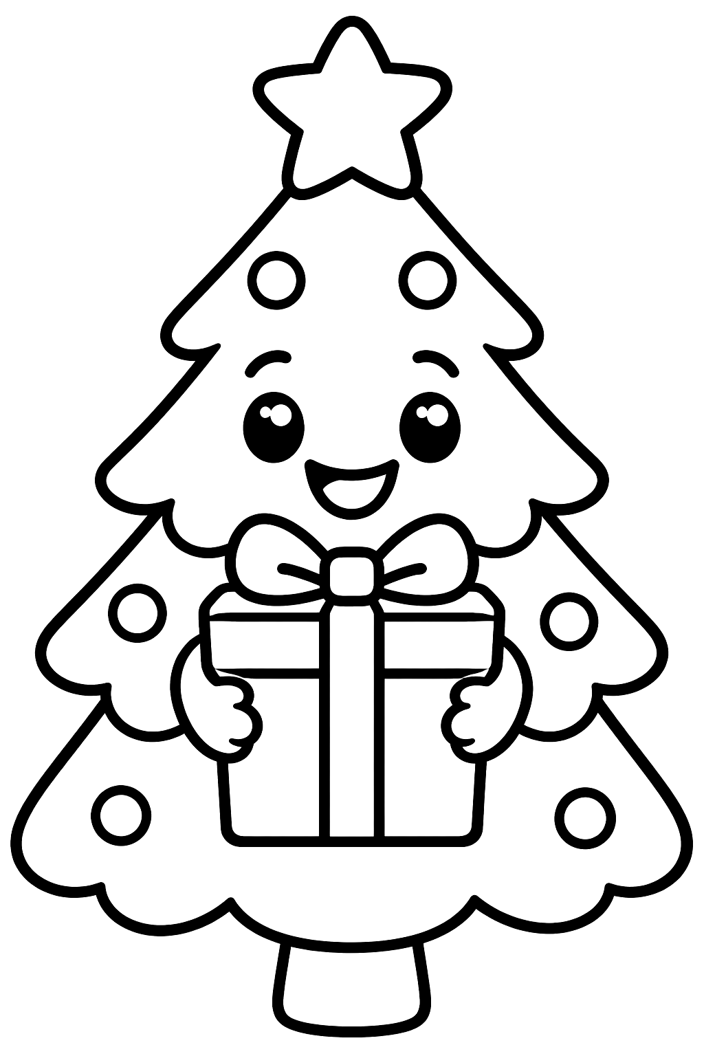 Smiling christmas tree with tiny arms hugging a wrapped present coloring page