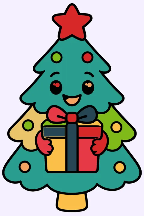 Smiling christmas tree with tiny arms hugging a wrapped present coloring page