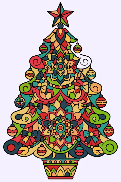 Christmas tree filled with intricate mandala patterns swirls and tiny ornaments coloring page
