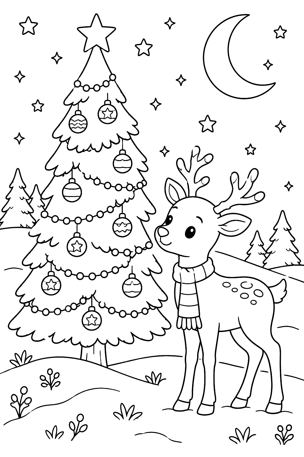 Lone christmas tree on a snowy hill with a reindeer and a crescent moon coloring page