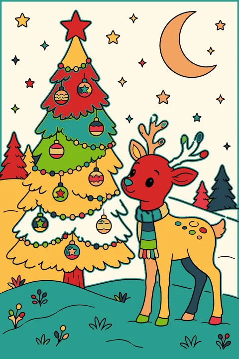 Lone christmas tree on a snowy hill with a reindeer and a crescent moon coloring page