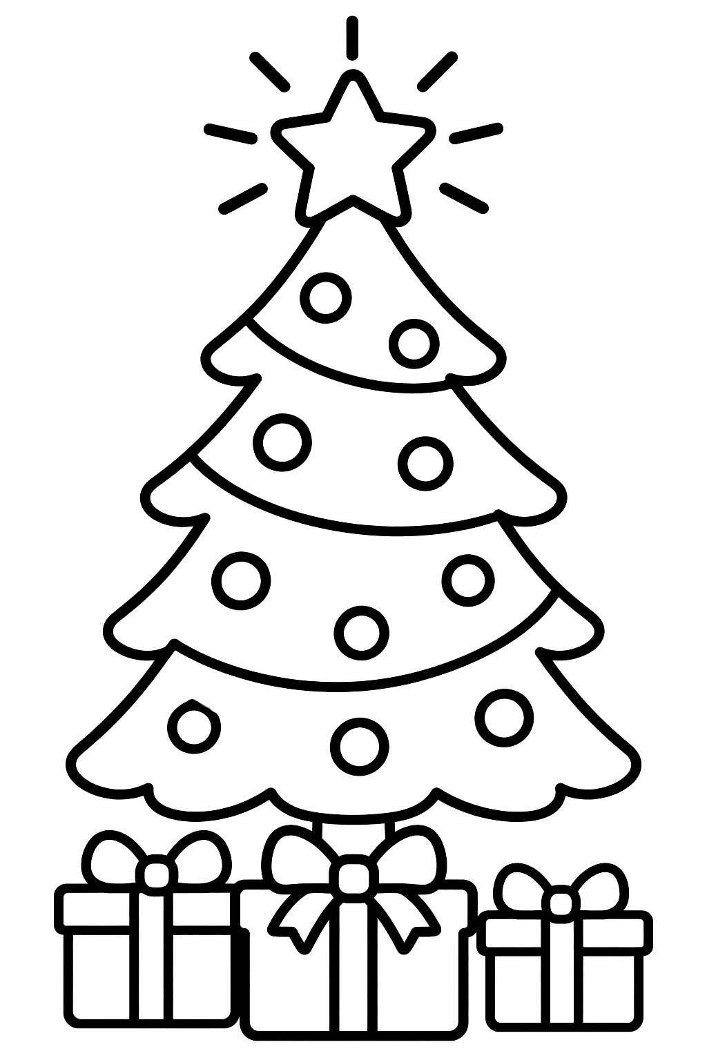 Christmas tree with a shining star on top and presents underneath coloring page