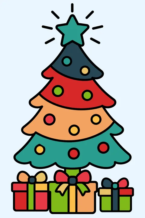 Christmas tree with a shining star on top and presents underneath coloring page