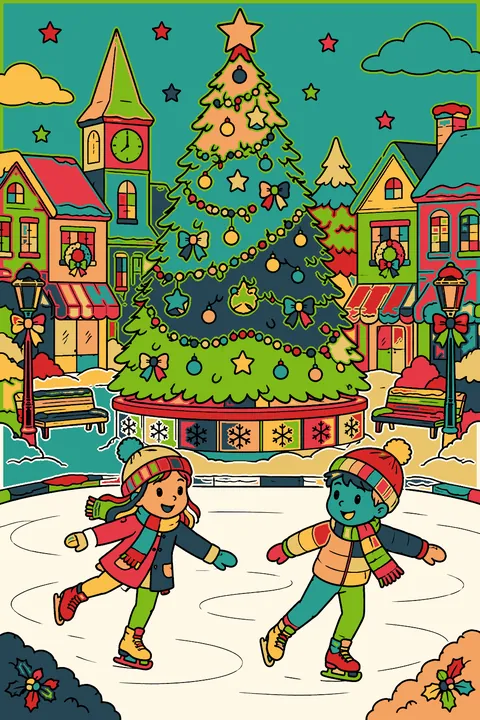 Giant christmas tree in a snowy town square with two children ice skating nearby coloring page