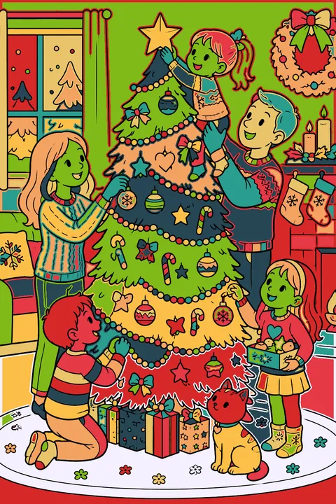 Family decorating a christmas tree with ornaments garland and a star in the living room coloring page