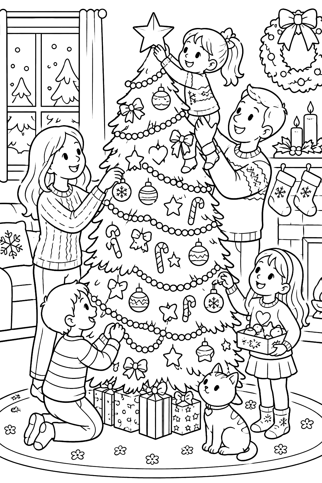 Family decorating a christmas tree with ornaments garland and a star in the living room coloring page