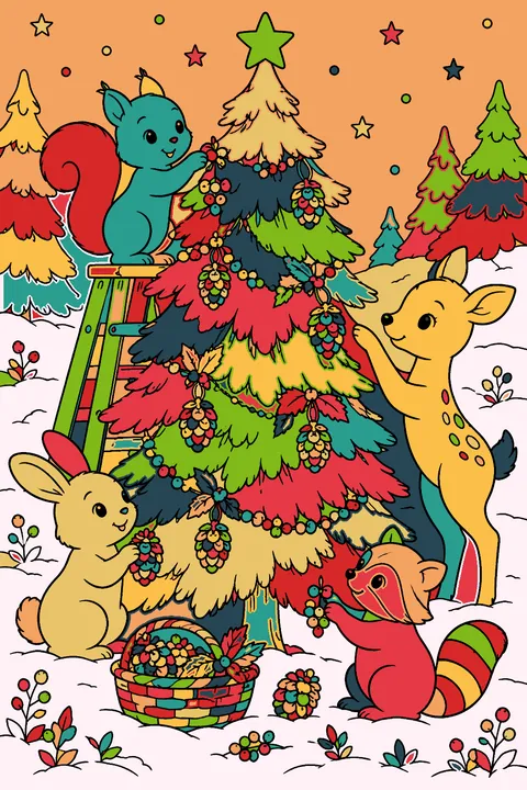 Forest animals decorating a pine tree with berries and pinecones in the snow coloring page