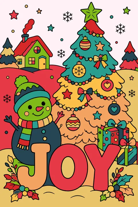 Big outline letters spelling joy beside a decorated christmas tree coloring page