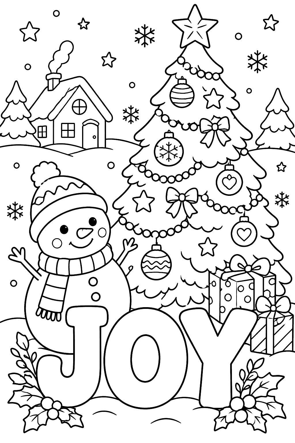 Big outline letters spelling joy beside a decorated christmas tree coloring page