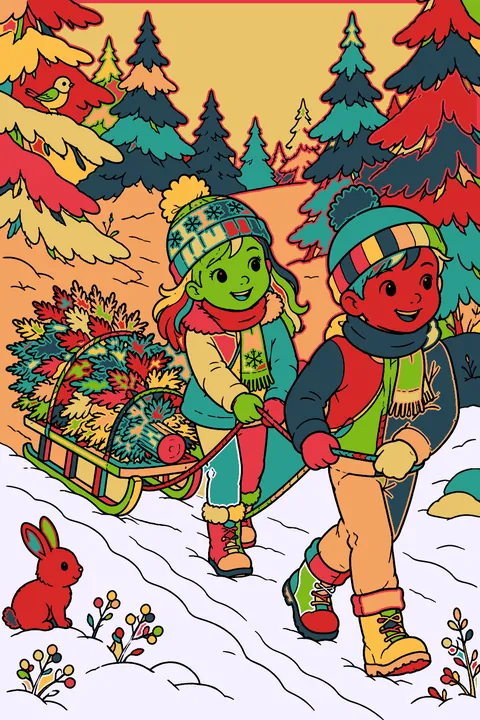 Kids pulling a freshly cut christmas tree through a snowy forest on a sled coloring page