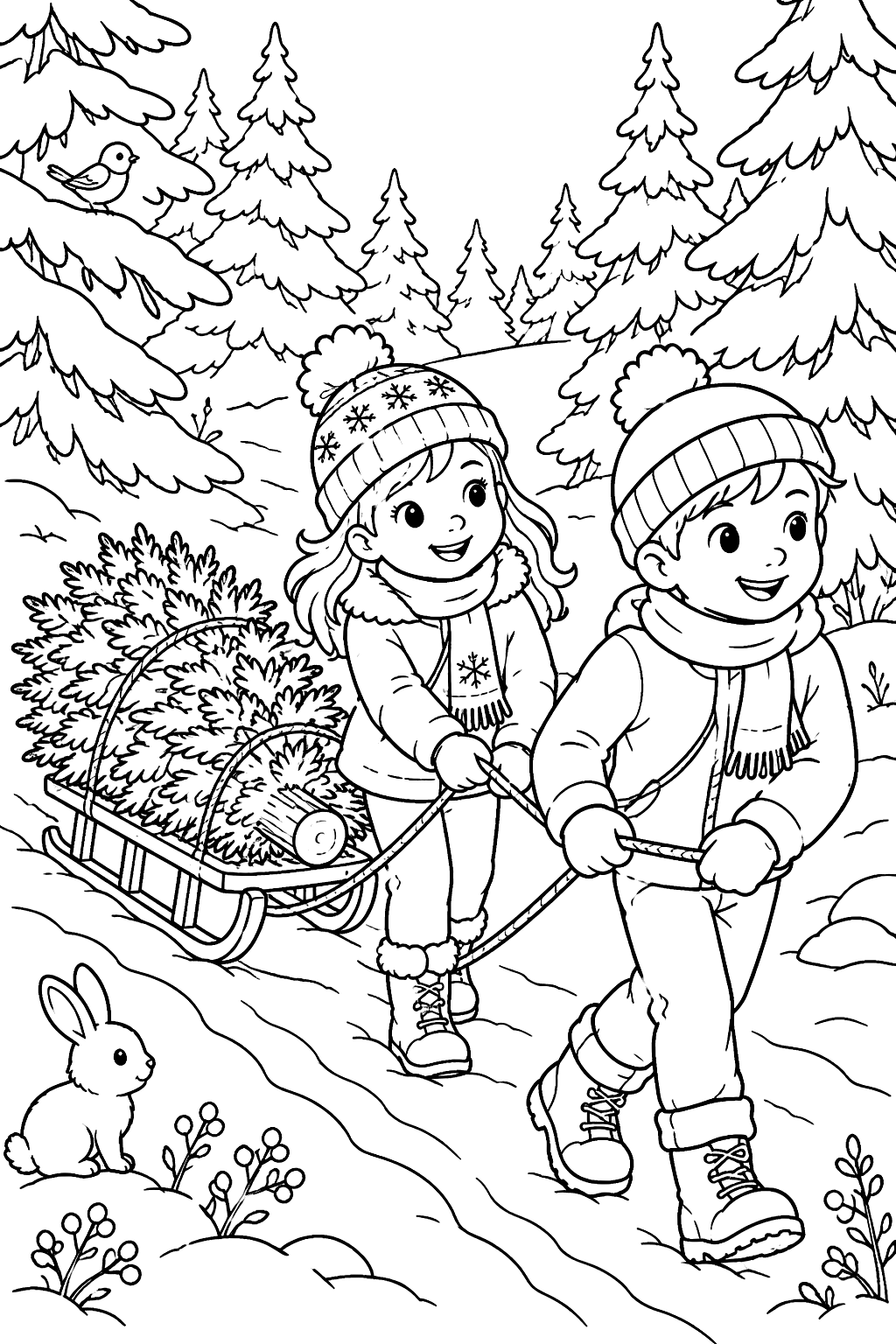 Kids pulling a freshly cut christmas tree through a snowy forest on a sled coloring page