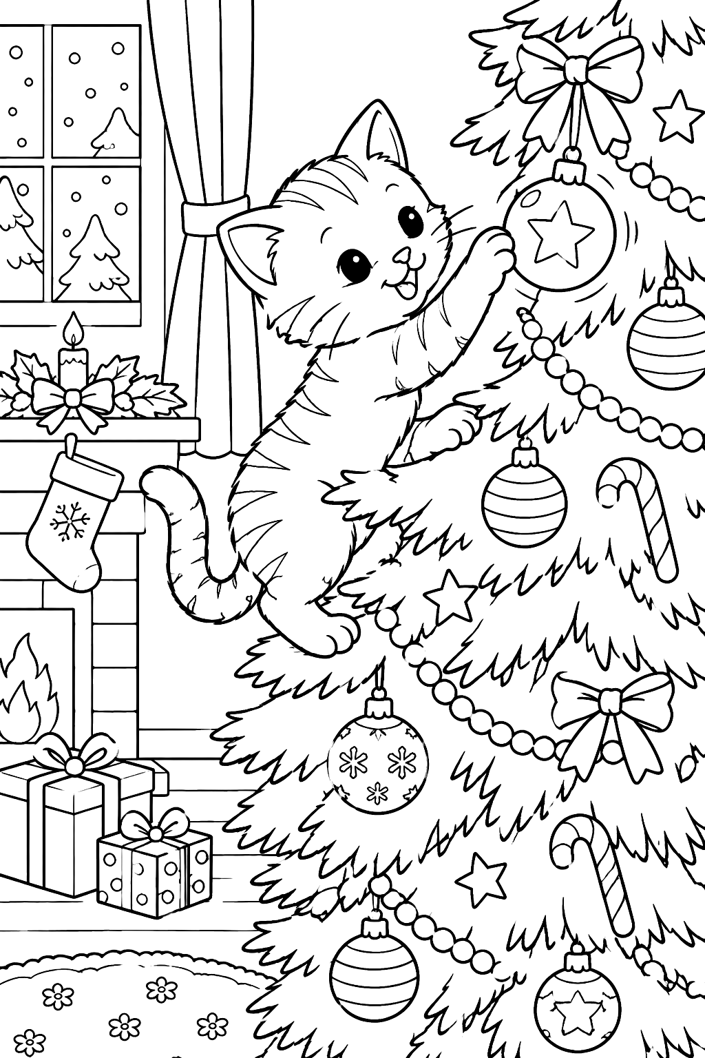 Kitten climbing a christmas tree and batting at a shiny ornament coloring page