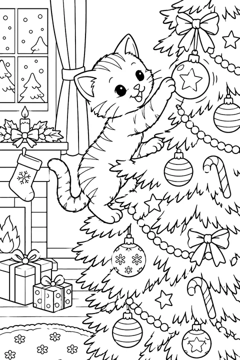 Kitten climbing a christmas tree and batting at a shiny ornament coloring page