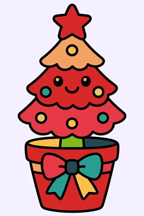 Little christmas tree in a flower pot tied with a bow coloring page
