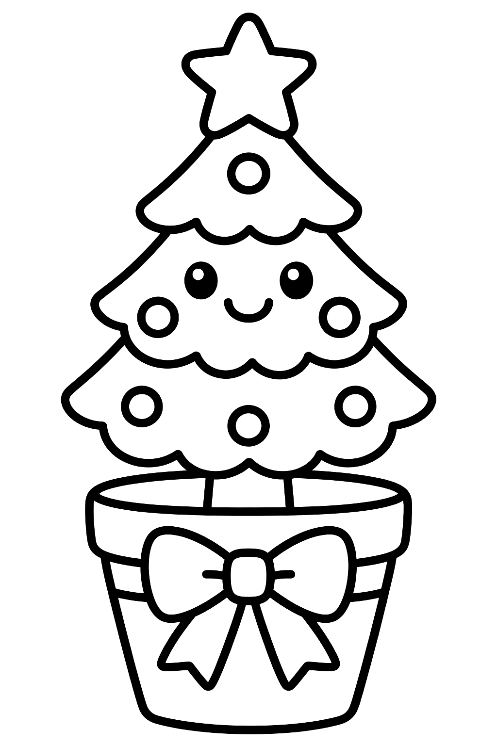 Little christmas tree in a flower pot tied with a bow coloring page