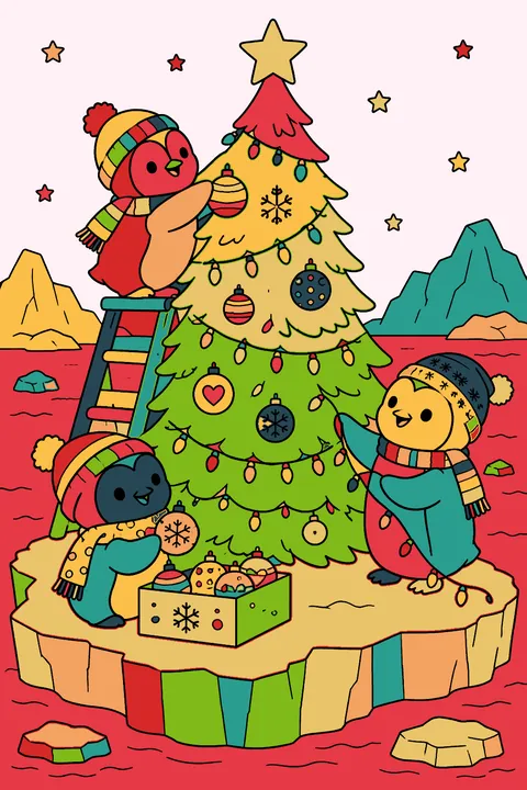 Penguins decorating a christmas tree on an iceberg with string lights coloring page