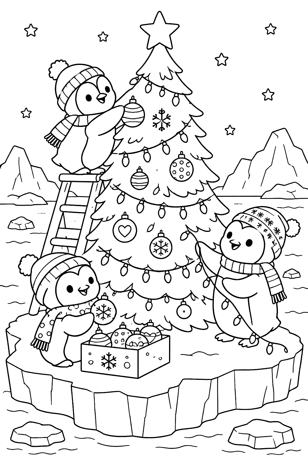 Penguins decorating a christmas tree on an iceberg with string lights coloring page