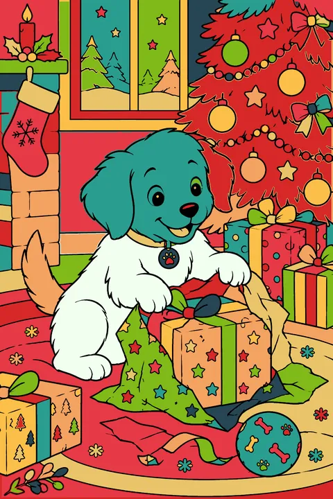 Puppy unwrapping presents under a christmas tree on christmas morning coloring page