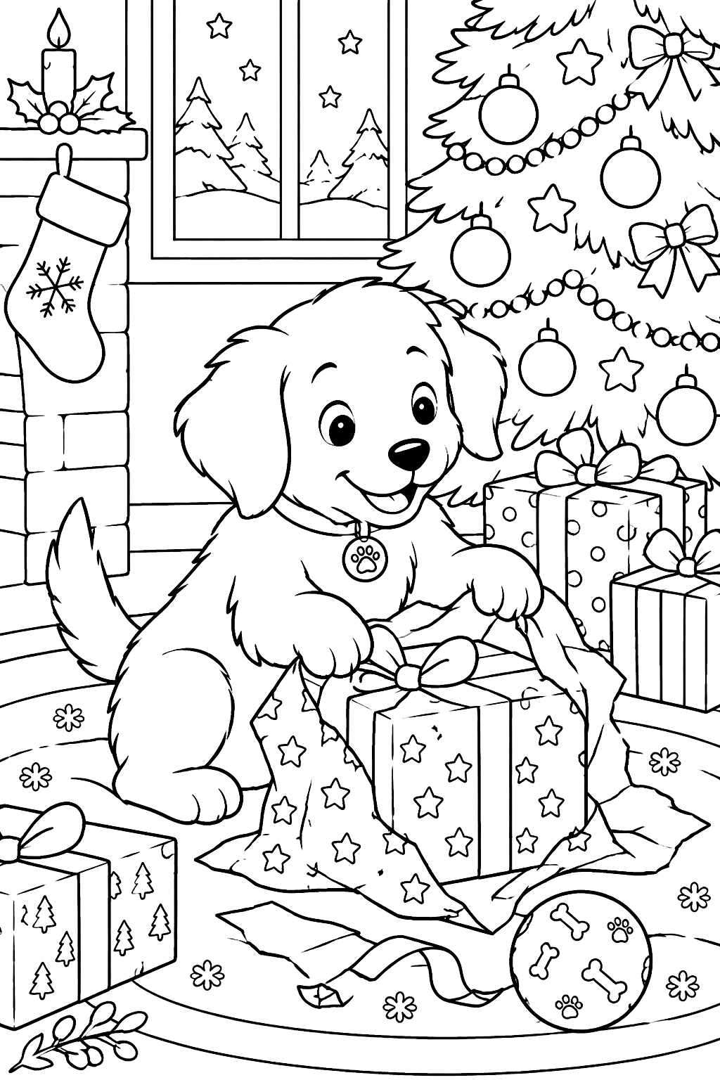 Puppy unwrapping presents under a christmas tree on christmas morning coloring page