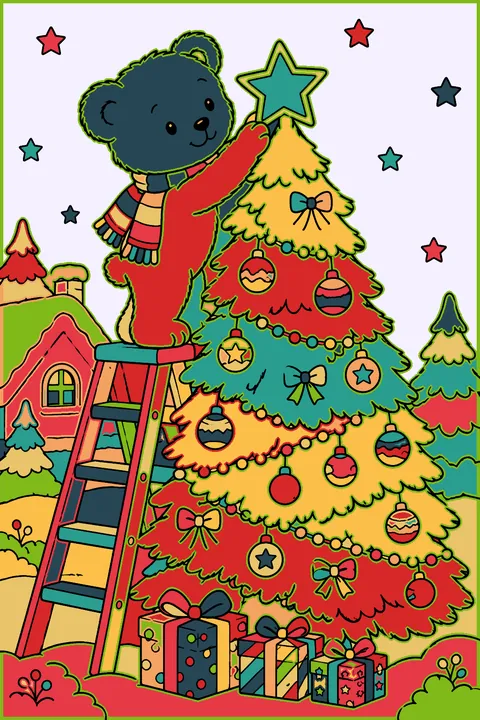 Teddy bear on a ladder placing the star on top of a christmas tree coloring page