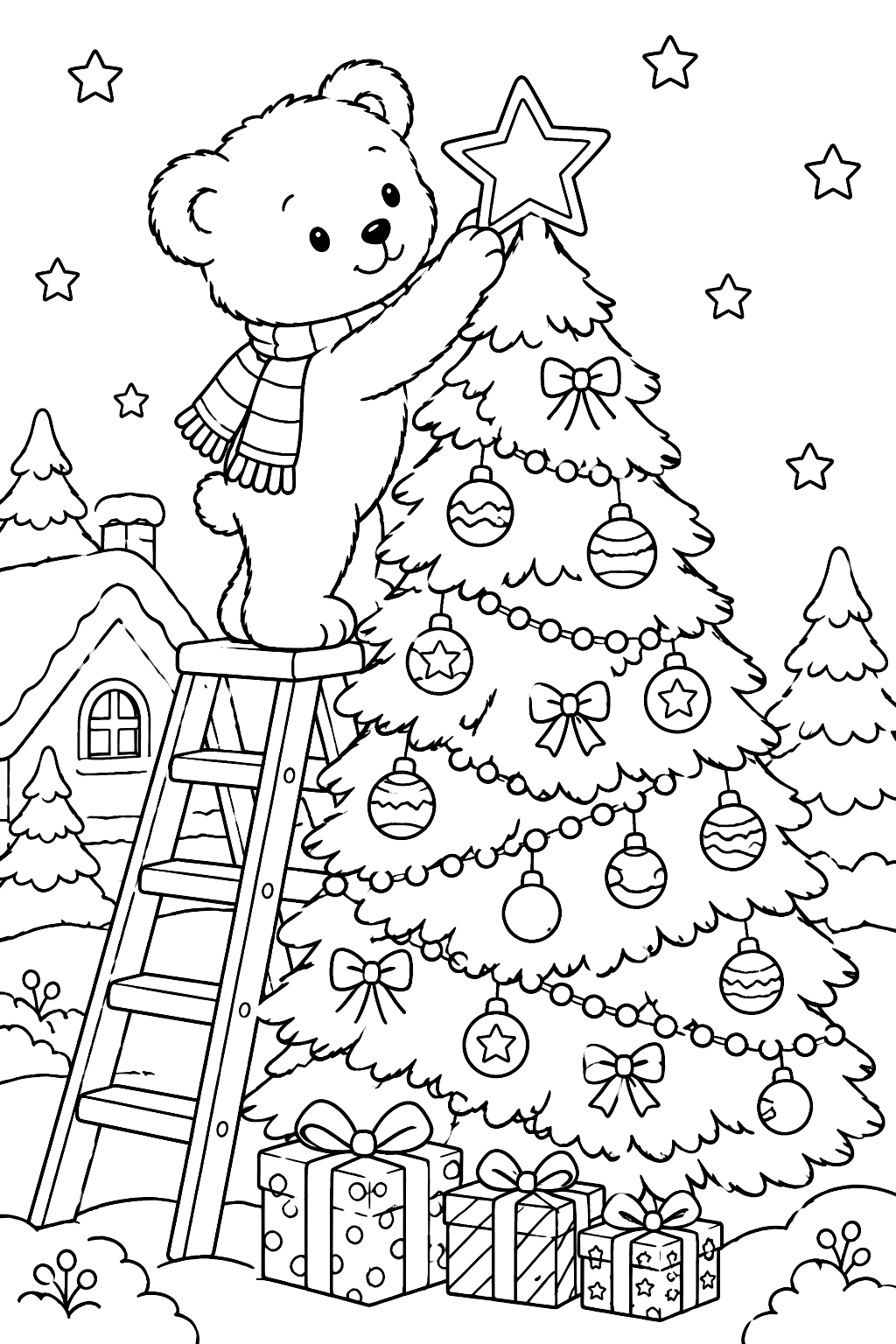 Teddy bear on a ladder placing the star on top of a christmas tree coloring page