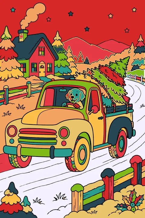 Pickup truck carrying a christmas tree home along a snowy country road coloring page