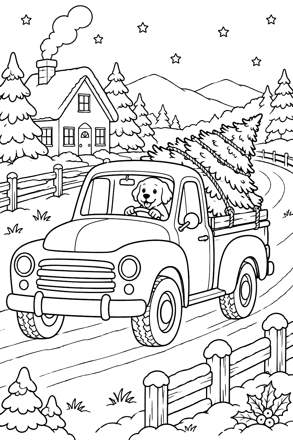 Pickup truck carrying a christmas tree home along a snowy country road coloring page