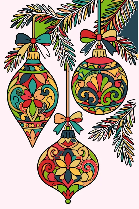 Vintage christmas ornaments filled with ornate filigree and lace patterns hanging from pine branches coloring page