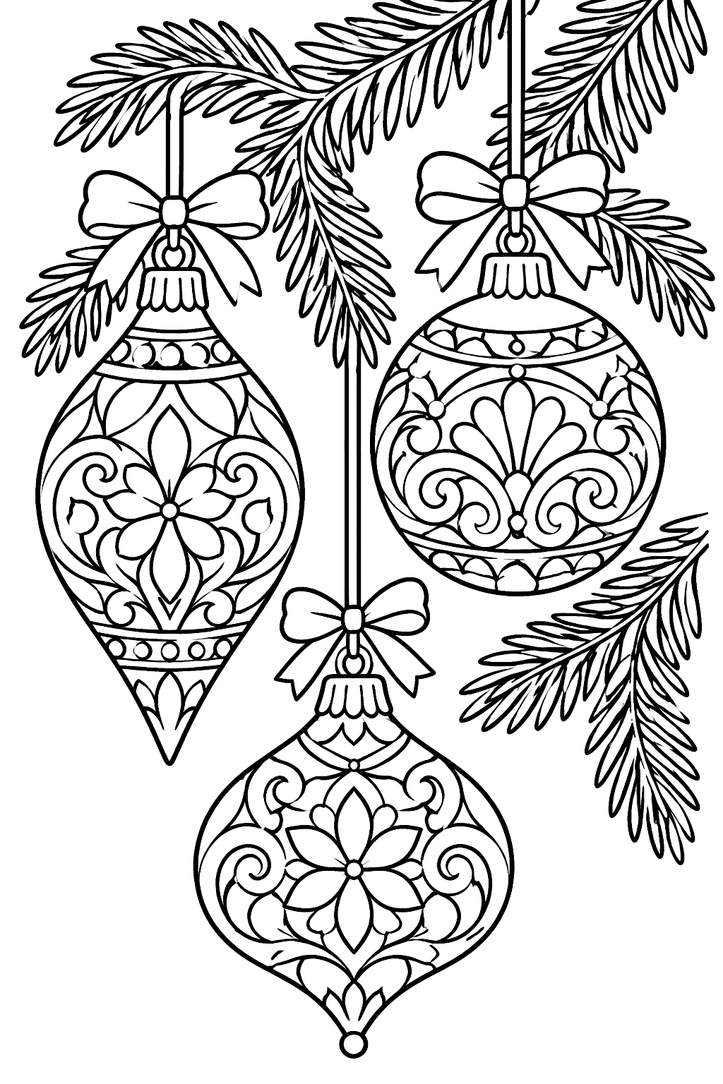 Vintage christmas ornaments filled with ornate filigree and lace patterns hanging from pine branches coloring page