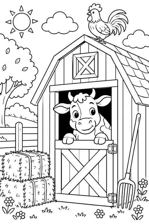Cow Peeking From the Barn coloring page