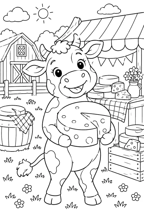 Cow With a Wheel of Cheese coloring page