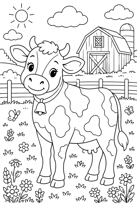 Cow in the Farm Meadow coloring page