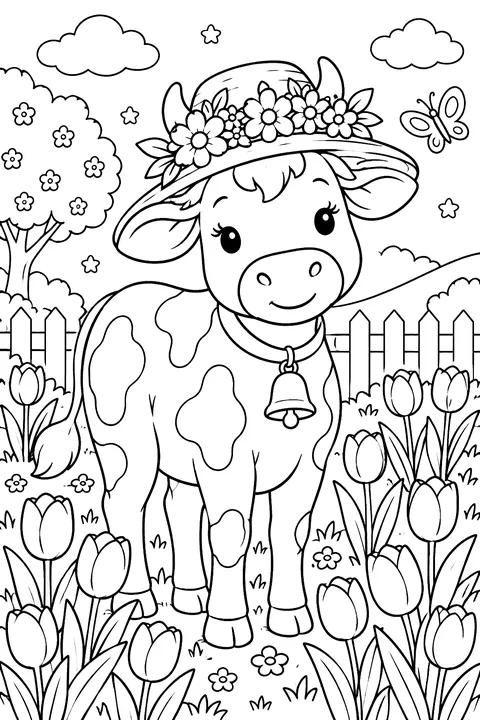 Cow in a Flower Hat coloring page