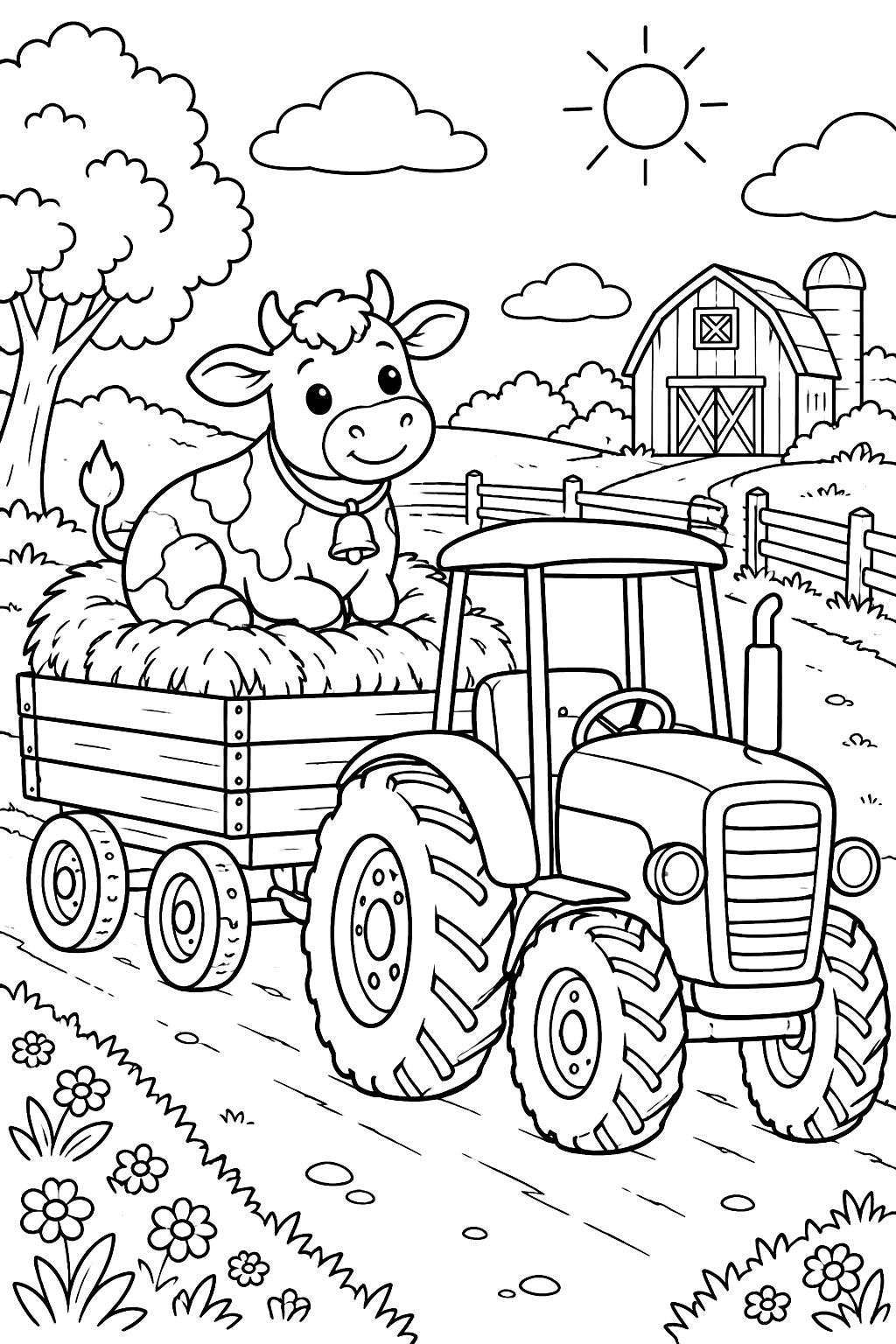 Cow on a Hay Ride coloring page
