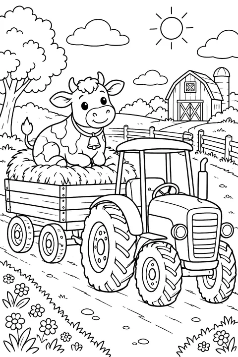 Cow on a Hay Ride coloring page