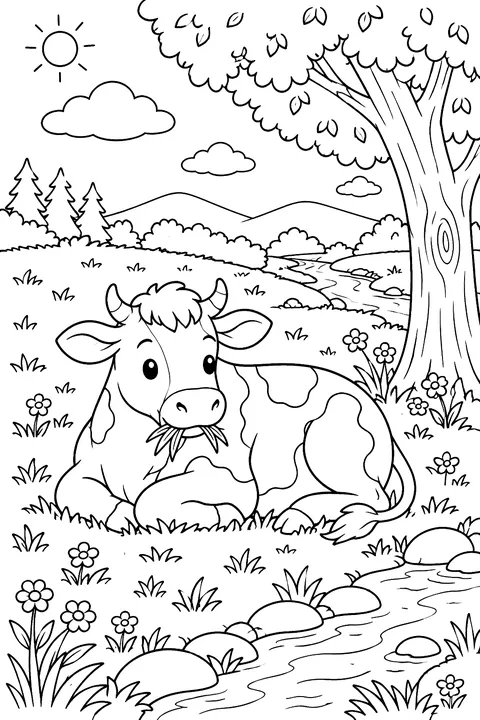 Cow Resting by the Stream coloring page
