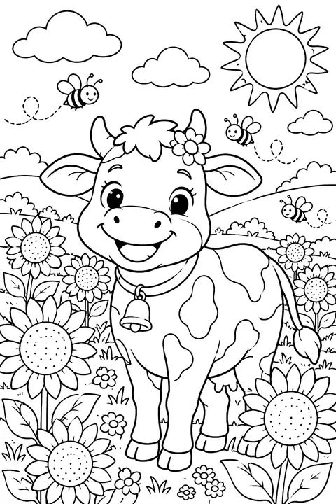Cow in a Sunflower Field coloring page