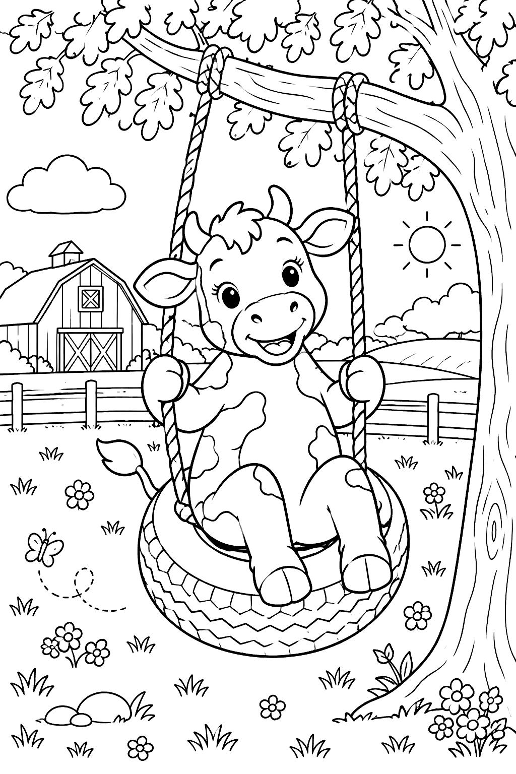 Cow on a Tire Swing coloring page