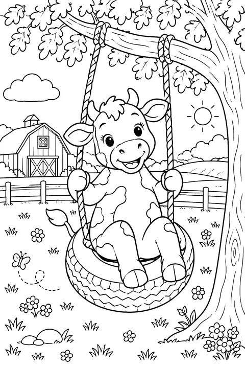 Cow on a Tire Swing coloring page