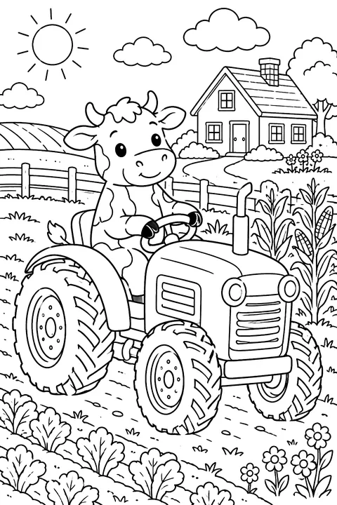 Cow Driving a Tractor coloring page