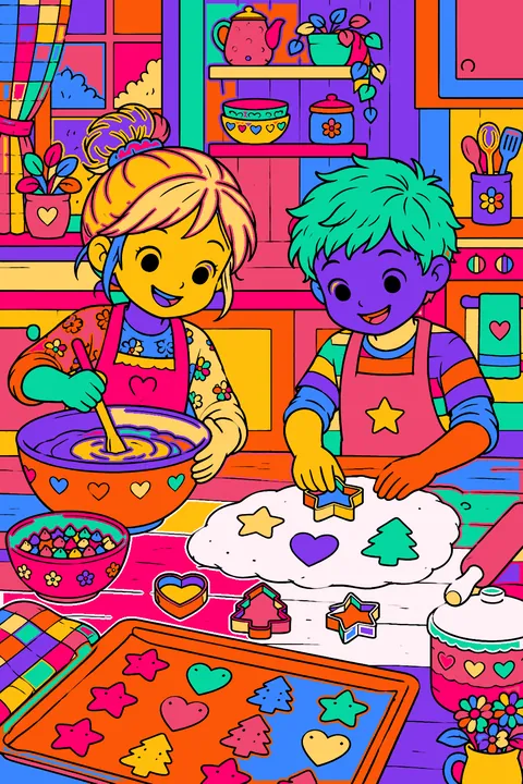 Kids baking cookies in a warm kitchen with mixing bowls coloring page