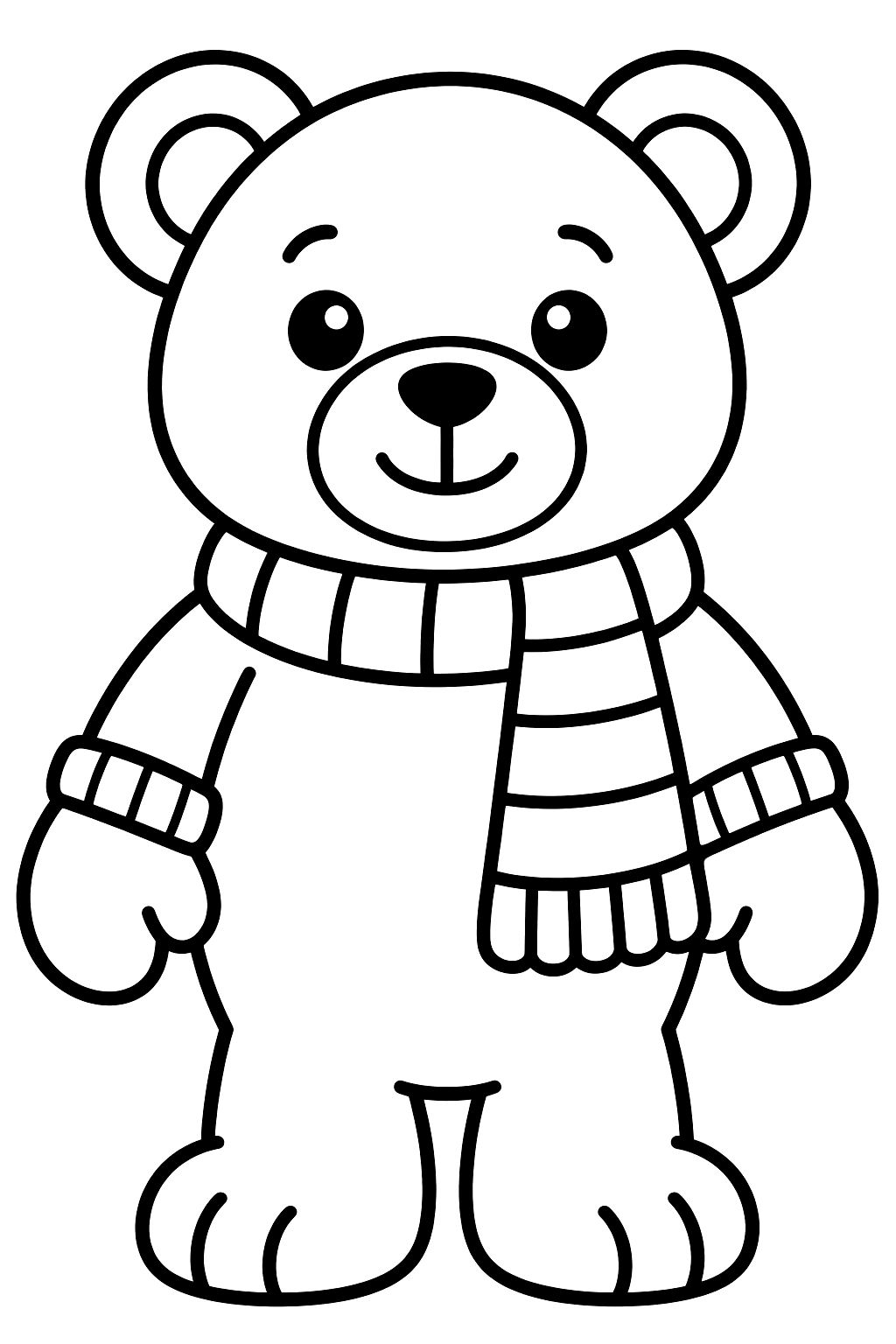 Teddy bear wearing a striped scarf and mittens coloring page