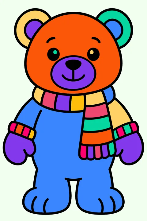 Teddy bear wearing a striped scarf and mittens coloring page