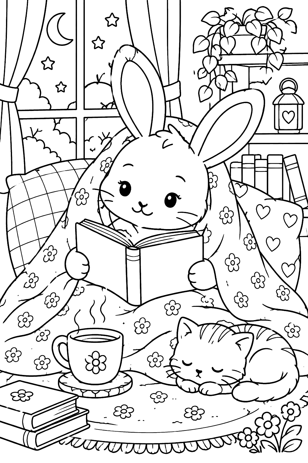 Bunny reading a book under a blanket with a cup of tea coloring page