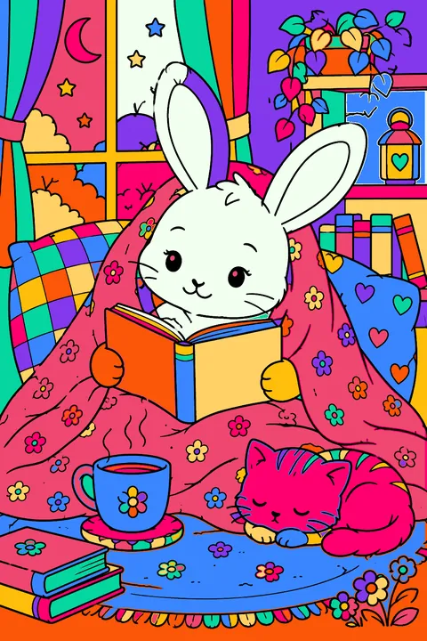 Bunny reading a book under a blanket with a cup of tea coloring page