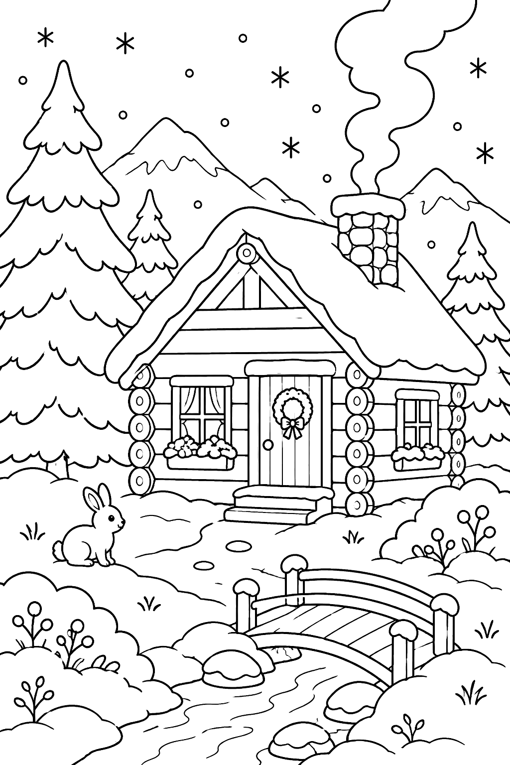 Little log cabin with smoke from the chimney in the snowy woods coloring page