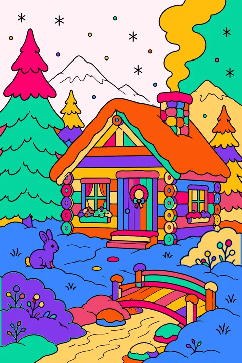 Little log cabin with smoke from the chimney in the snowy woods coloring page